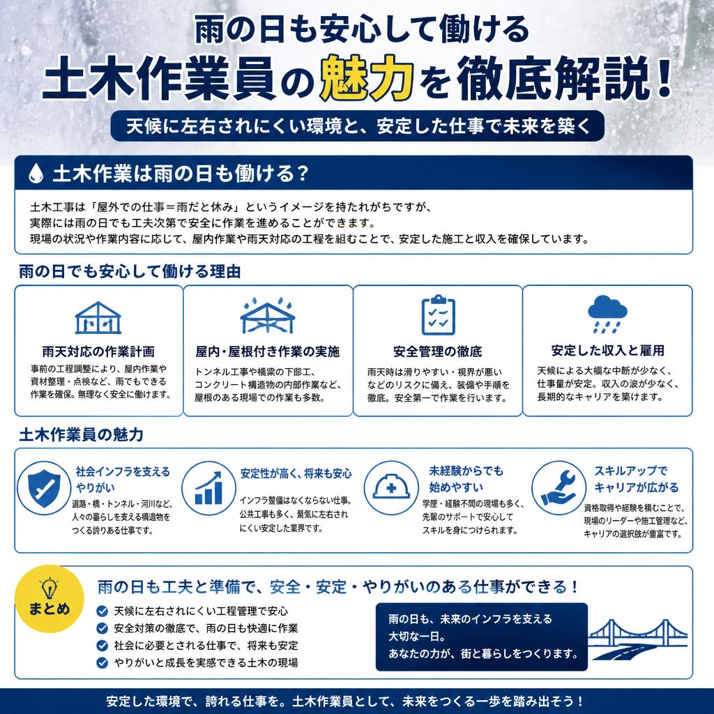 雨の日も安心して働ける土木作業員の魅力を徹底解説！
